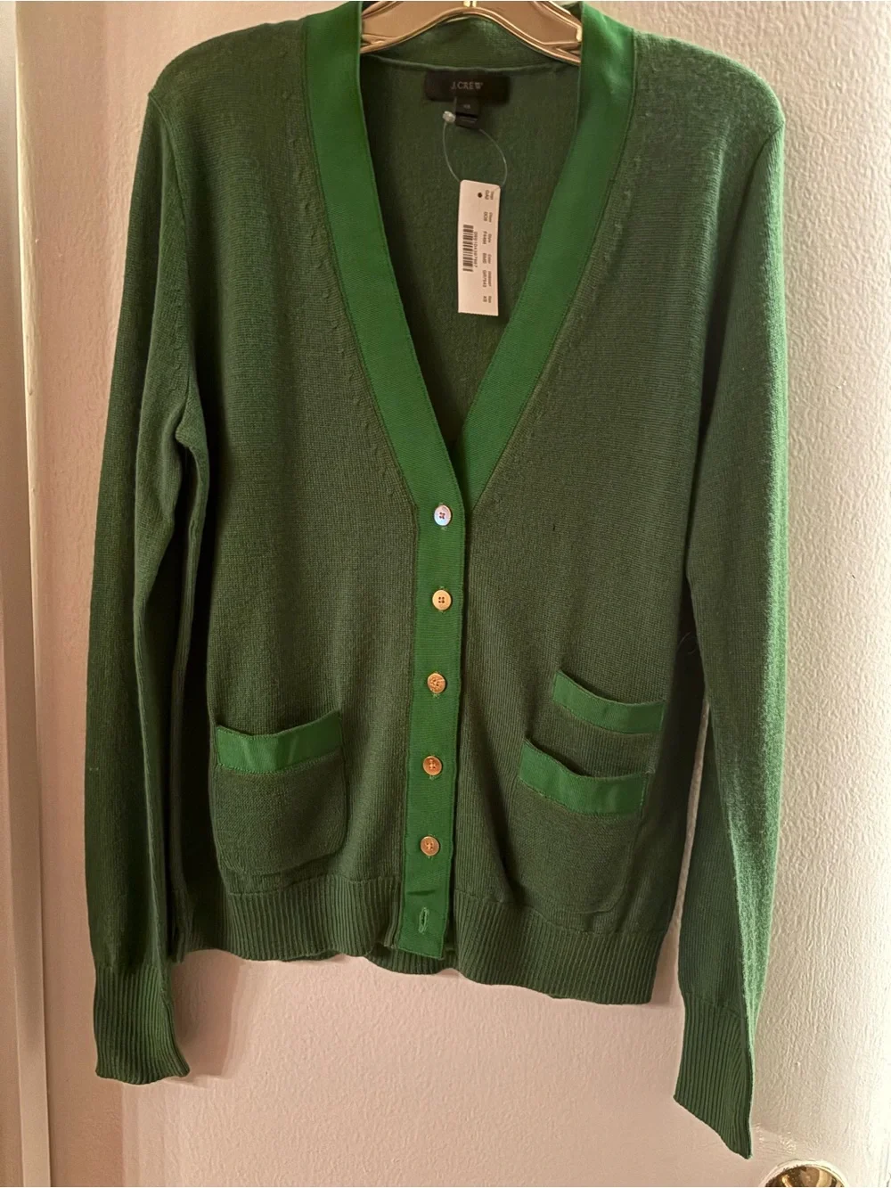 J. Crew Green V‑Neck Button Cardigan with Contrast Trim